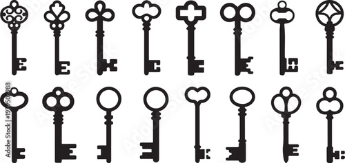 Antique key silhouettes. Medieval and modern keys, black vintage shapes silhouette icon set