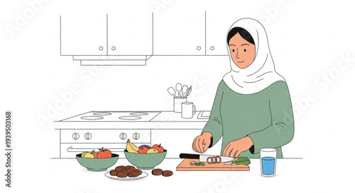 A woman in a hijab preparing food in a kitchen with fresh fruits and vegetables on the counter, showcasing healthy eating and culinary activities
