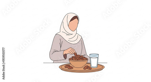 Muslim Woman in Hijab Preparing to Break Her Fast with a Nutritious Iftar Meal of Dates and Milk, Honoring Ramadan Traditions
