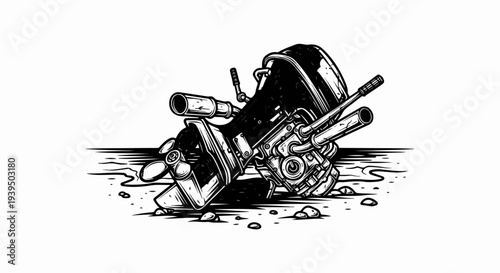 A black and white illustration of a boat motor on the shore with a propeller visible