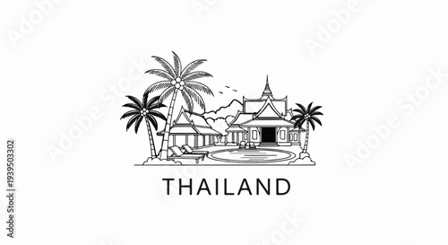 Tropical resort scene with traditional buildings, palm trees, and pool