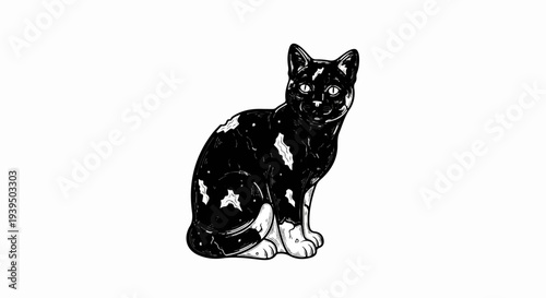 A black and white sketch of a sitting cat with light-colored markings