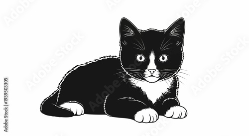 A black and white drawing of a cute kitten with white chest and paws