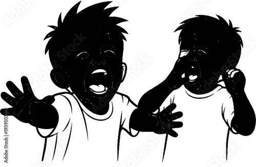 Two children crying loudly, one touching the other's ear