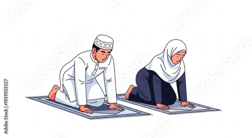 An illustrated scene depicting a Muslim man and woman engaging in their sacred daily prayer ritual, bowing in reverence and spiritual humility on prayer mats