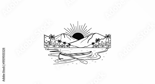 A canoe with oars floats on a river with a mountain landscape and sun