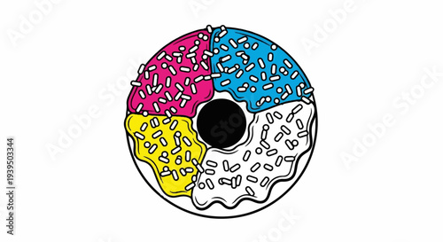 A cartoon-style donut with four colorful icing sections and white sprinkles