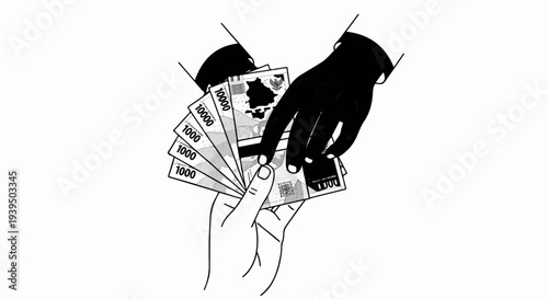 Two hands exchanging a fan of banknotes