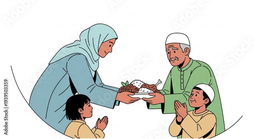 Muslim family shares a heartwarming festive meal, celebrating cultural traditions with an elder man receiving food from a woman, while children observe eagerly