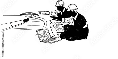 Two men in hard hats review blueprints and a laptop near a waterfront with a bridge