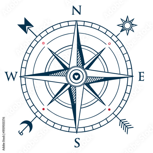 A detailed navigation compass with directional arrows and symbols on a for travel and exploration purposes always