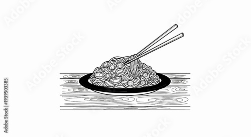 A black and white illustration of a plate of noodles with chopsticks on a wooden surface