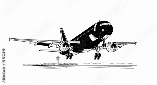 A black and white illustration of an airplane taking off from an airport