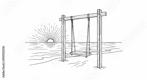 Wooden swing set by ocean with sun rising over the water