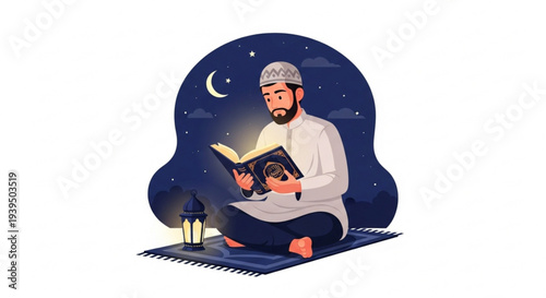 Peaceful scene of a devout Muslim man engaged in spiritual contemplation, reading the holy book during a serene night, symbolizing faith and devotion