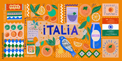 A colorful illustrated collage celebrating italian culture and cuisine