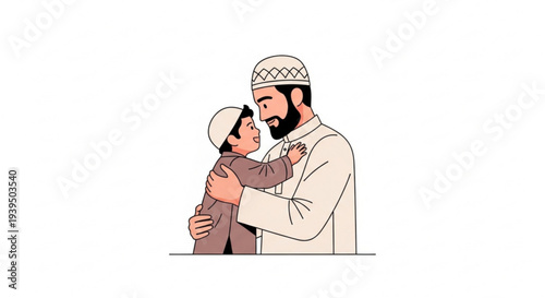 A Muslim father and son embracing each other with love and affection, celebrating family bonds