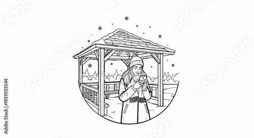 Young woman with smartphone in snowy gazebo with distant winter trees