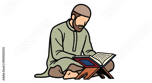 A Muslim man wearing a cap and traditional attire sits cross-legged reading the Quran from a stand