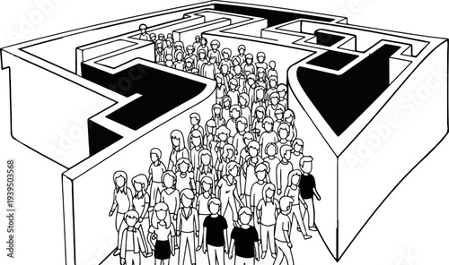A crowd of stylized people navigating a geometric maze structure