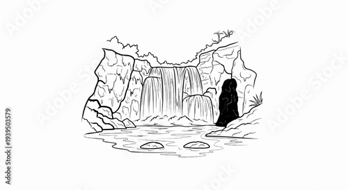 A hand-drawn waterfall cascades over rocks into a pool with stones