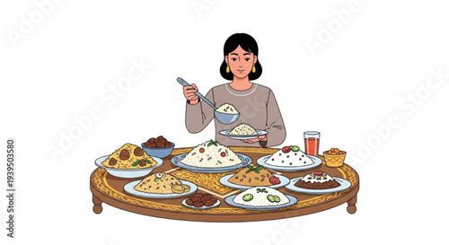 Culinary delights served A vibrant illustration of a woman presenting a lavish spread of gourmet food, emphasizing cooking, dining, and diverse cuisine perfect for a festive gathering