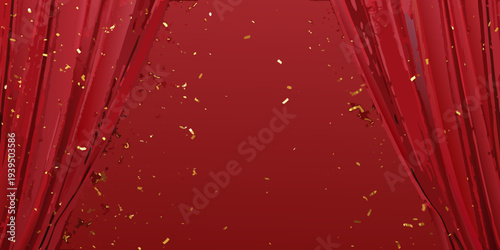 Red stage curtains dramatically open with golden confetti falling down
