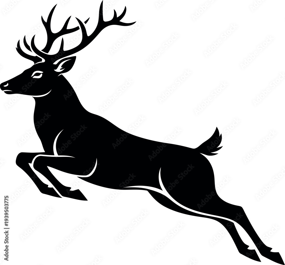 Obraz premium Black silhouette of a leaping deer with antlers on white background