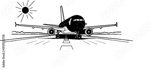 A black and white illustration of an airplane on a runway with sun overhead