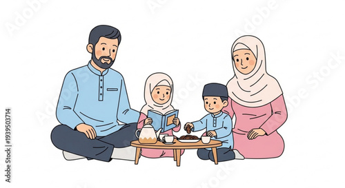 Islamic family enjoying a meal together during a festive occasion, celebrating tradition and togetherness