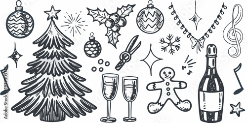 Festive christmas doodles featuring trees ornaments and celebratory items