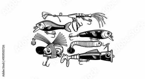 A black and white illustration of various fishing lures