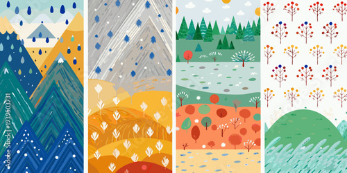 Four seasonal landscape illustrations winter spring summer and autumn