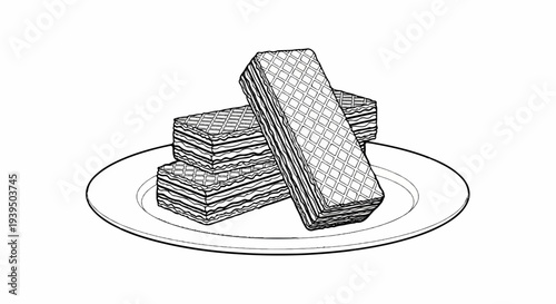 A black and white sketch depicts a stack of layered wafers on a plate