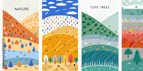 Four vertical panels depict colorful stylized nature scenes with trees