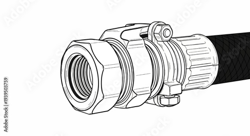 A metal fitting connects a threaded coupling to a hose clamp securing a textured hose