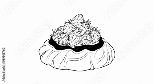 A black and white line drawing of a dessert with strawberries on top
