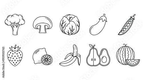 Fresh produce food icons flat design vector illustration - Flat Design Icon. line icon set - Icon vector - Blue icon vector. Clipart. Icon collection - Line and glyph solid icon and logo template