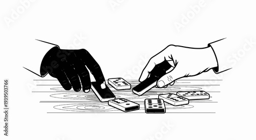 Two hands placing dominoes on a wooden surface, playing a game