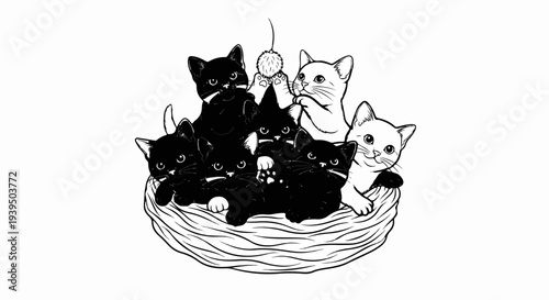 A playful group of black and white kittens piled together in a basket