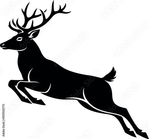 Black silhouette of a leaping deer with antlers on white background