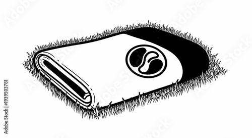 A rolled-up blanket or sleeping bag rests on grass with a circular emblem