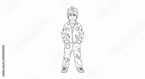 A sketch of a young child wearing a knitted hat and patched clothing