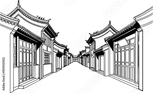 Traditional street with tiered roofs and patterned windows recedes into distance