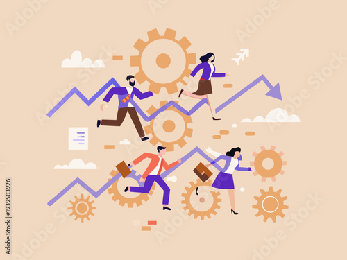 People running up steps formed by gears and graphs symbolizing progress
