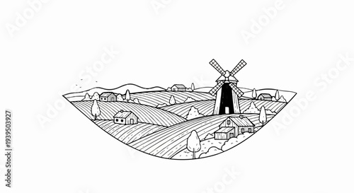 A rural landscape unfolds with a windmill, homes, and fields under a sky with birds