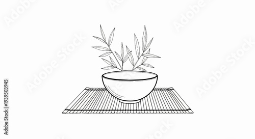 A simple line drawing of a ceramic bowl with bamboo shoots on a bamboo mat