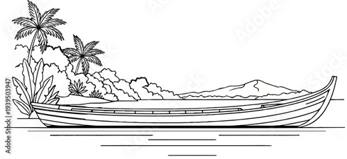 A solitary long boat rests by a tropical shore with palm trees