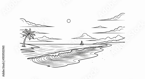 A black and white sketch of a tranquil beach scene with a palm tree