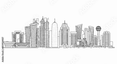 A detailed line drawing depicts a modern city skyline with unique architectural designs